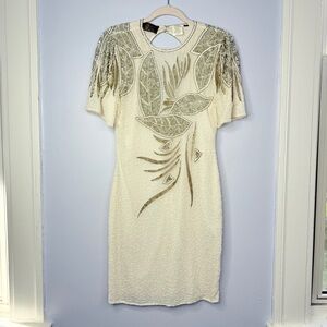 GORG Vintage Eves Allure beaded short sleeve white and silver mini dress size S